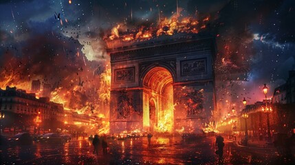 Bastille Day. The city is on fire and smoke. Revolution and conquest. The joy of victory, fireworks.