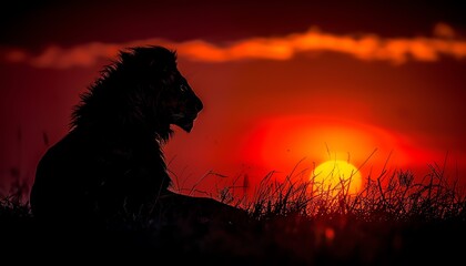 Naklejka premium Silhouette of a lion against a fiery sunset in the African savanna.