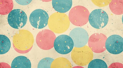 Retro multicolored polka dot pattern background in red, yellow, and blue with a distressed vintage texture.