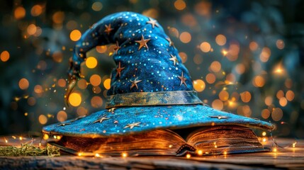 Wizard hat on open book, symbolizing magic and knowledge, ideal for fantasy enthusiasts and learners