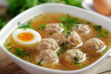 Chicken Soup with Meatballs, Clear Sturdy Seasoned Broth with Turkey Meat Balls, Boiled Quail Egg