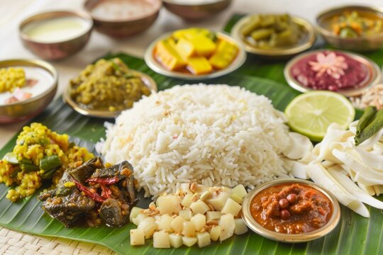 Kerala Food, Traditional food Onam Sadya served on a banana leaf on Festival day onam, Vegetarian meal with rice and curries