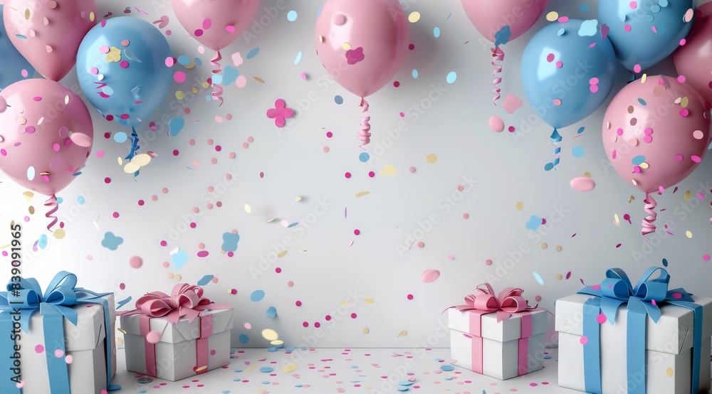 Wall mural pink and blue balloons and gifts for a birthday celebration - Wall murals