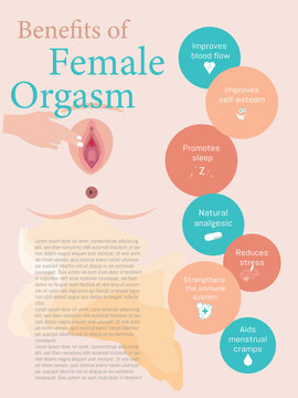 The image is about the benefits of female orgasms. It features a pink and blue color scheme and includes a diagram with different colored circles