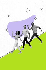 Vertical collage young people group walk go downwards teamwork achieve progress success project management friends colleagues