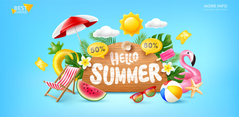 Hello Summer Poster or Banner template with Wooden Sign,Summer template featuring a tropical beach scene with sun and party elements.Product display,Tropical summer scene,Perfect for promoting