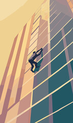 Man climbing corporate ladder concept, business ambition metaphor, career growth. Silhouetted figure ascending abstract geometric steps, success achievement illustration. Ambitious person