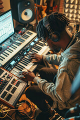 a Black freelancer working on a music production project in a home studio, with instruments and sound equipment