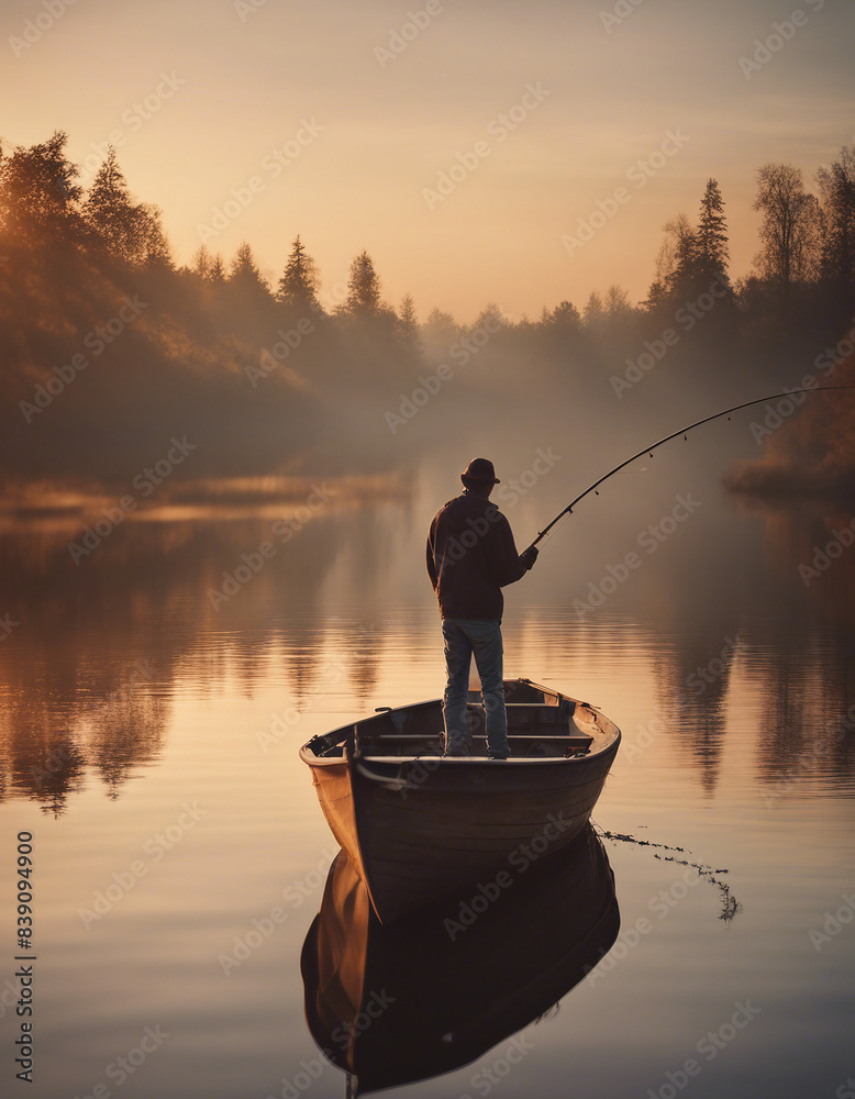 Wall mural man fishing in wood humble boat in calm waters by the lake in the beautiful sunset and reflection
