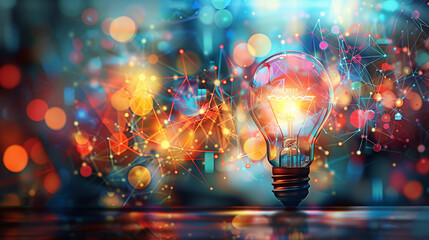 Close-up of a glowing light bulb with vibrant bursts of colors symbolizing creativity and innovation. 