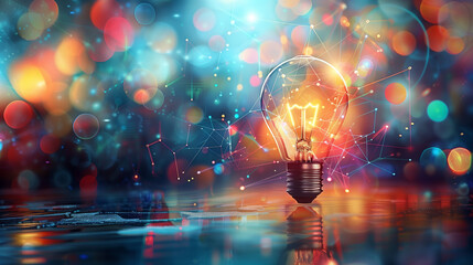 Close-up of a glowing light bulb with vibrant bursts of colors symbolizing creativity and innovation. 