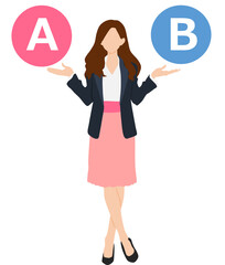 AとBの選択肢を考える女性実業家のイラスト	