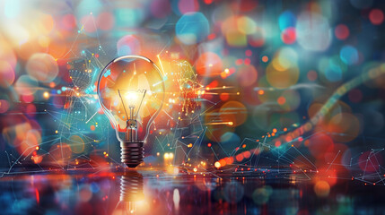 Obraz premium Close-up of a glowing light bulb with vibrant bursts of colors symbolizing creativity and innovation. 