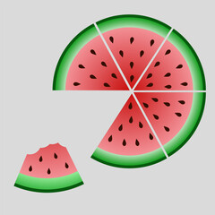 Sliced cocktail water melon fruit vector set. Red watermelon piece with bite.