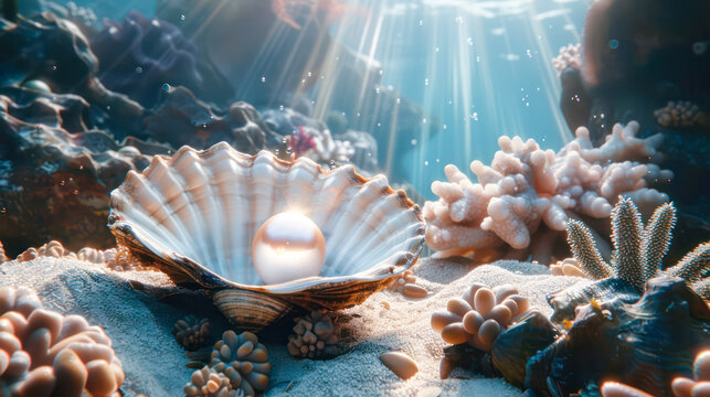 A serene underwater scene highlighting a pearl in an oyster.Generative AI
