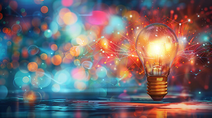 Close-up of a glowing light bulb with vibrant bursts of colors symbolizing creativity and innovation. 