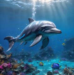 A large dolphin in the coral reef