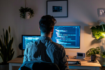 a Brazilian man attending a virtual coding bootcamp from his home office, with professional setup