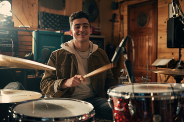 Fototapeta premium a Brazilian man conducting a virtual drum lesson from his home studio, with a drum set and audio equipment