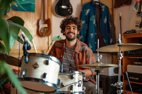 a Brazilian man conducting a virtual drum lesson from his home studio, with a drum set and audio equipment