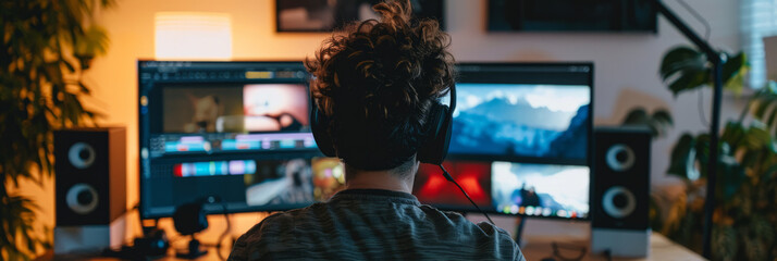 a Brazilian man setting up a professional video streaming setup in his home office
