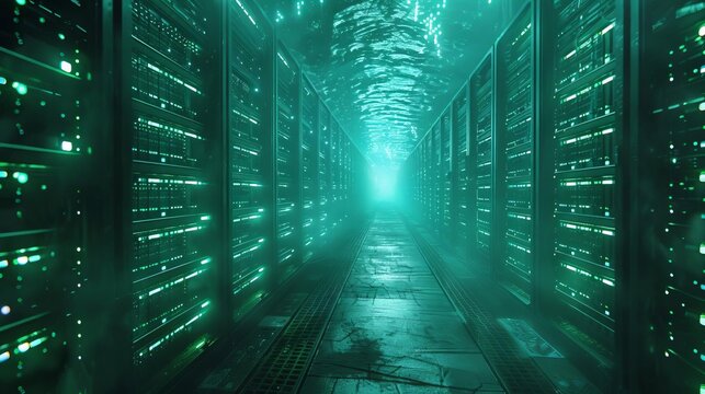 Data centers as vast underwater libraries, servers as bioluminescent fish