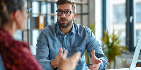 a Caucasian business consultant advising a fintech startup on regulatory compliance in a sleek office