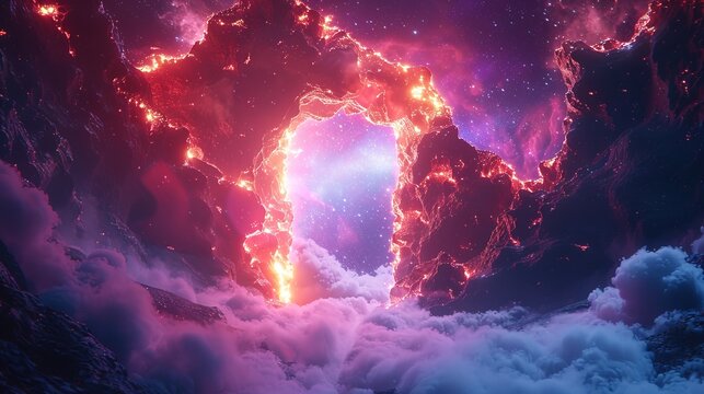 Neon gate or portal to galaxy space. Purple and blue frame with glowing light, laser beams, star sky in neon door opening