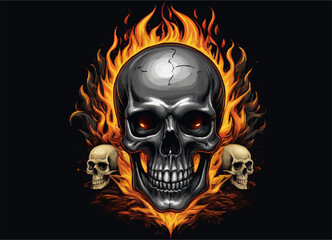 Biker vector t-shirt design with human skull
and fire on black background.
Fashionable print for fabric, paper, men clothing,
hoodie, biker jacket. T shirt template with flame.