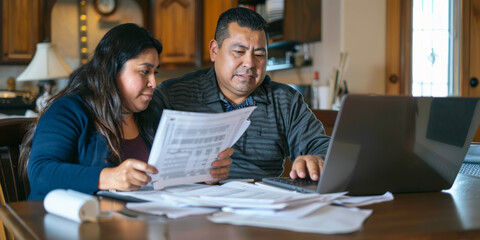 a Hispanic couple hosting a virtual financial literacy workshop from their home, with financial documents and laptops