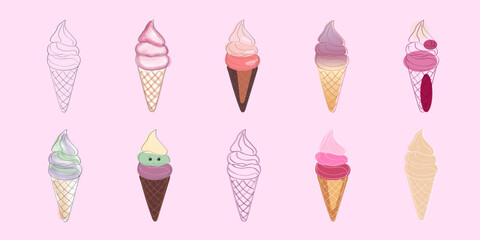 This image features ten colorful ice cream cones arranged on a pink background in three rows. The cones have different flavors, including vanilla, chocolate, strawberry, and mint