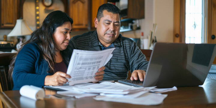 a Hispanic couple hosting a virtual financial literacy workshop from their home, with financial documents and laptops