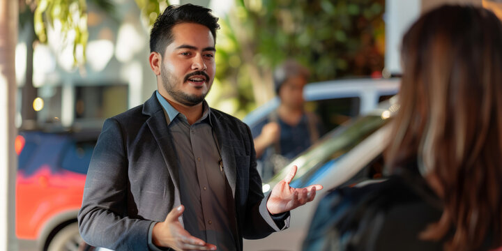 a Hispanic entrepreneur pitching a ride-sharing app focused on eco-friendly transportation at a tech expo