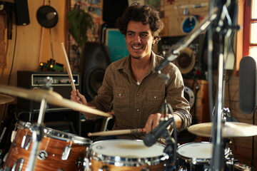 a Hispanic man conducting a virtual drum lesson from his home studio, with a drum set and audio equipment