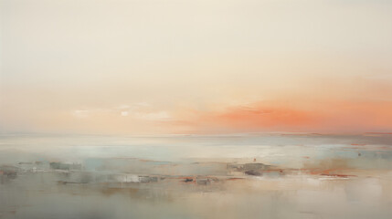 This minimalist painting depicts a serene seascape with a soft orange sunset