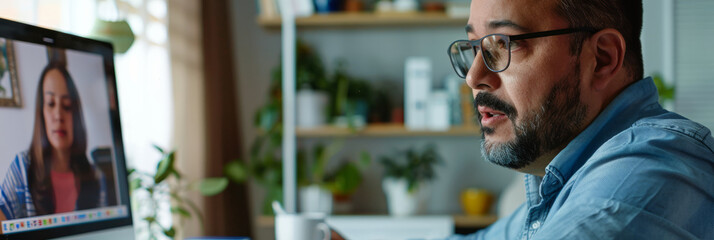 a Hispanic man working from home as a virtual language tutor, teaching Spanish to students via video call