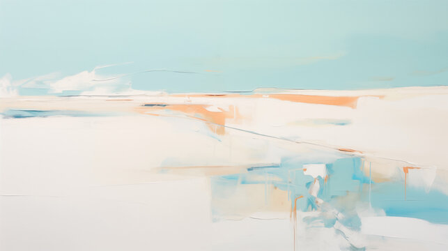 Minimalist landscape art background with soft, abstract brushstrokes in shades of blue, white, and peach