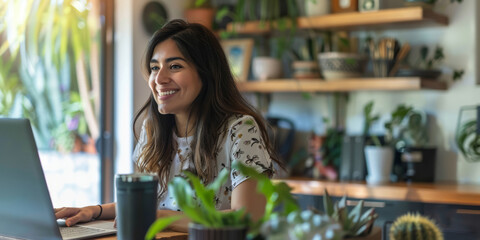 a Hispanic woman setting up a home office with smart home technology, integrating devices for efficiency