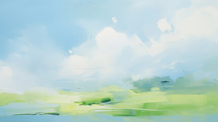 A minimalist landscape painting features a blue sky with puffy white clouds above a green and blue field