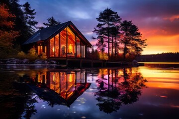 Obraz premium Rustic lakeside chalet, embraced by the colors of fall. A picturesque autumn landscape.