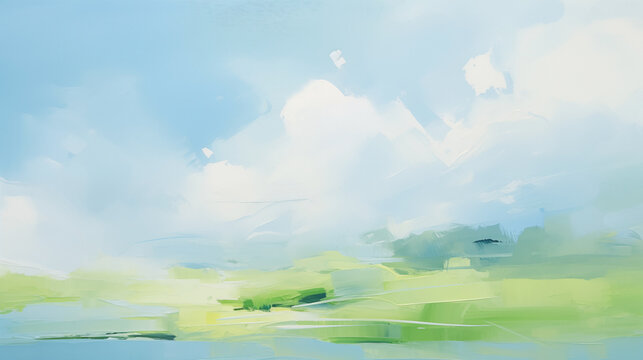 A minimalist landscape painting features a blue sky with puffy white clouds above a green and blue field