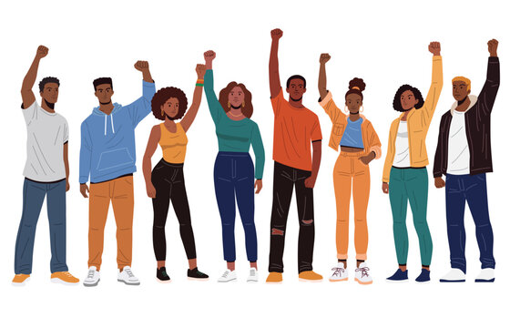 Young Africans stand together, each raising a clenched fist in the air. They wear casual clothing in various colors.