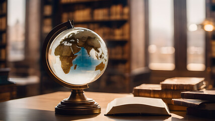 Crystal glass globe with  books and library background for environment and conservation. . Earth crystal glass globe ball. AI generated image, ai