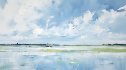 Obraz premium Minimalist coastal landscape art with clouds