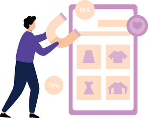 A guy is shopping online at 50 to 70% discount.