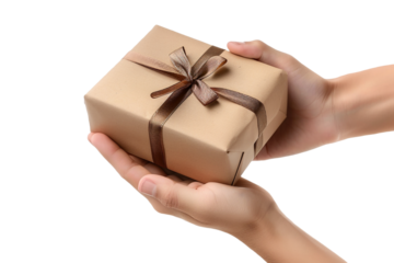 Hand holding gift box isolated on transparent background