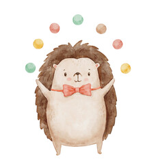 Watercolor cute baby circus hedgehog with colorful balls. Funny animal juggler. Hand drawn isolated illustration for kids and nursery © Elena