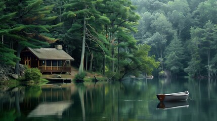 Obraz premium A peaceful lakeside cabin surrounded by tall trees, a rowboat tied to the dock, the water still and inviting, a perfect spot for relaxation and reflection.