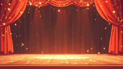 theater stage with red curtain, cartoon book style