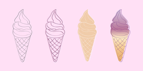 This illustration depicts four ice cream cones in various stages of completion. From a simple outline to a fully shaded image, the cones show the progress of creating a digital design.